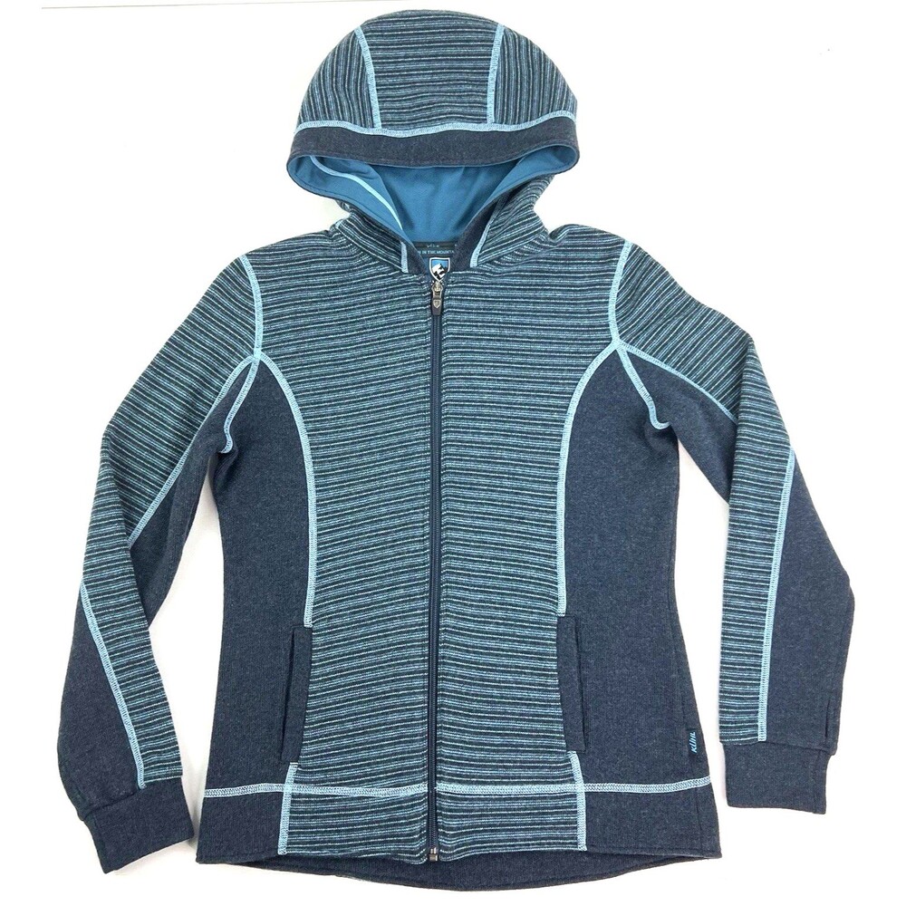 Kuhl Womens Chianti Fleece Hooded Full Zip Sweater Blue Gray Wool Blend Size S